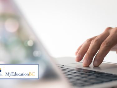 Hand at a laptop with the My Education BC logo in the corner.